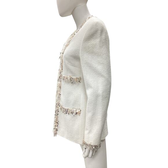 NWT Féraud Blazer Women’s Size 8 Zip Up Sequin Trim Pockets V-Neck Off White - Picture 3 of 7